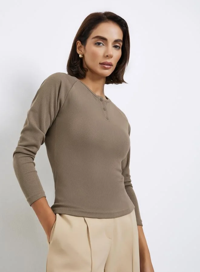 Styli Brown Ribbed Henley Neck T-Shirt
